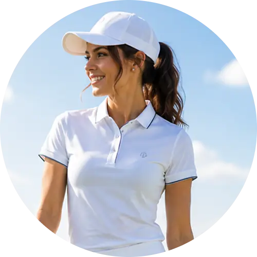 Woman wearing golf apparel on a golf course
