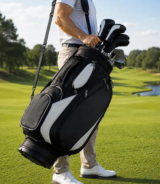 Golf bag filled with golf clubs and accessories