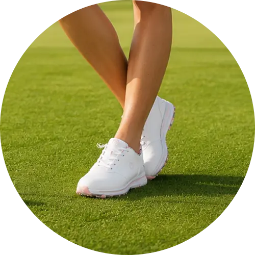 Pair of women’s golf shoes on a golf course