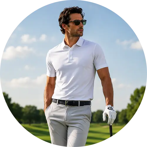 Man wearing a golf polo shirt and pants on a golf course