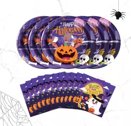 halloween napkins and plates for party table setup