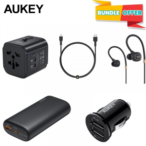 Aukey Dual-Driver Wireless Earbuds EP-B80 + Universal Adapter with 3 USB Ports + Ultra Small Car Charger + 10000mAh Power Bank +3-in-1 USB Cable ( Bundle Offer)
