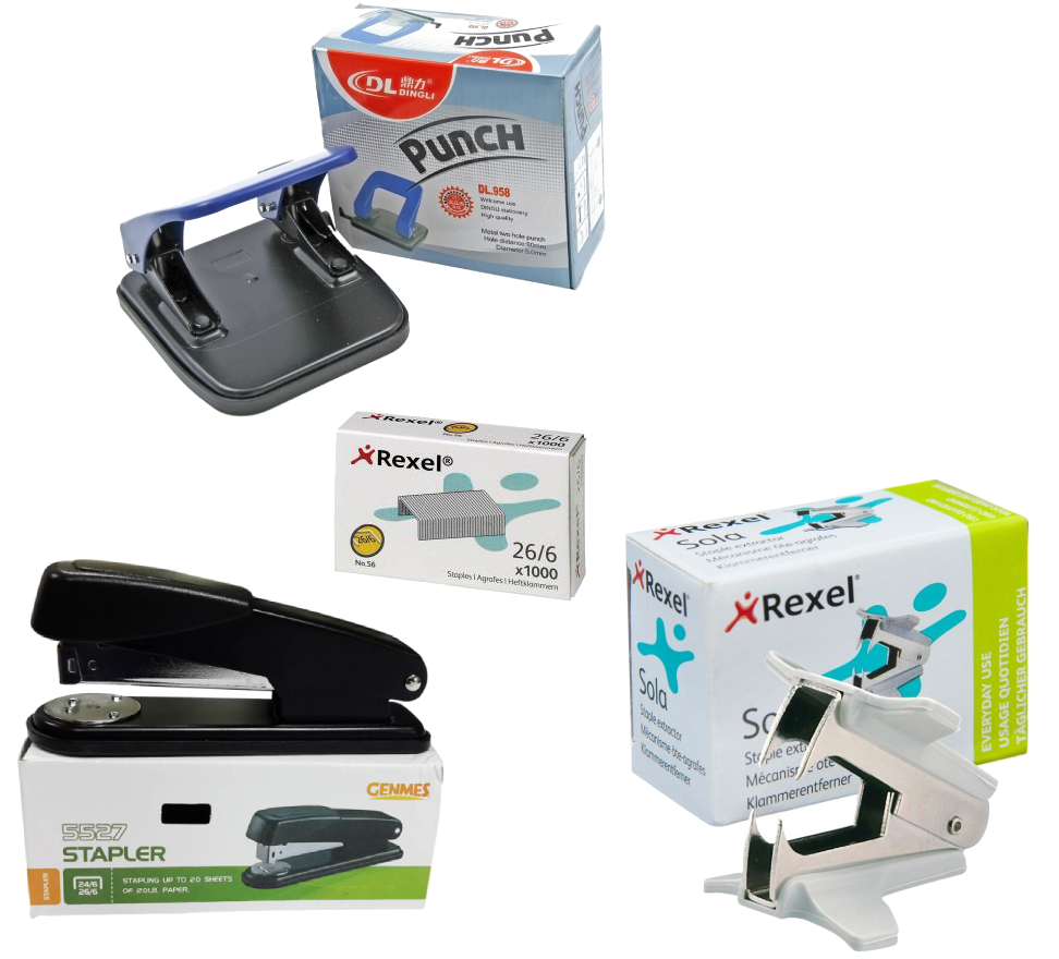 Genmes Stapler + Dingli Punch + Rexel Staple Pins + Rexel Staple Remover(Pack of 4)