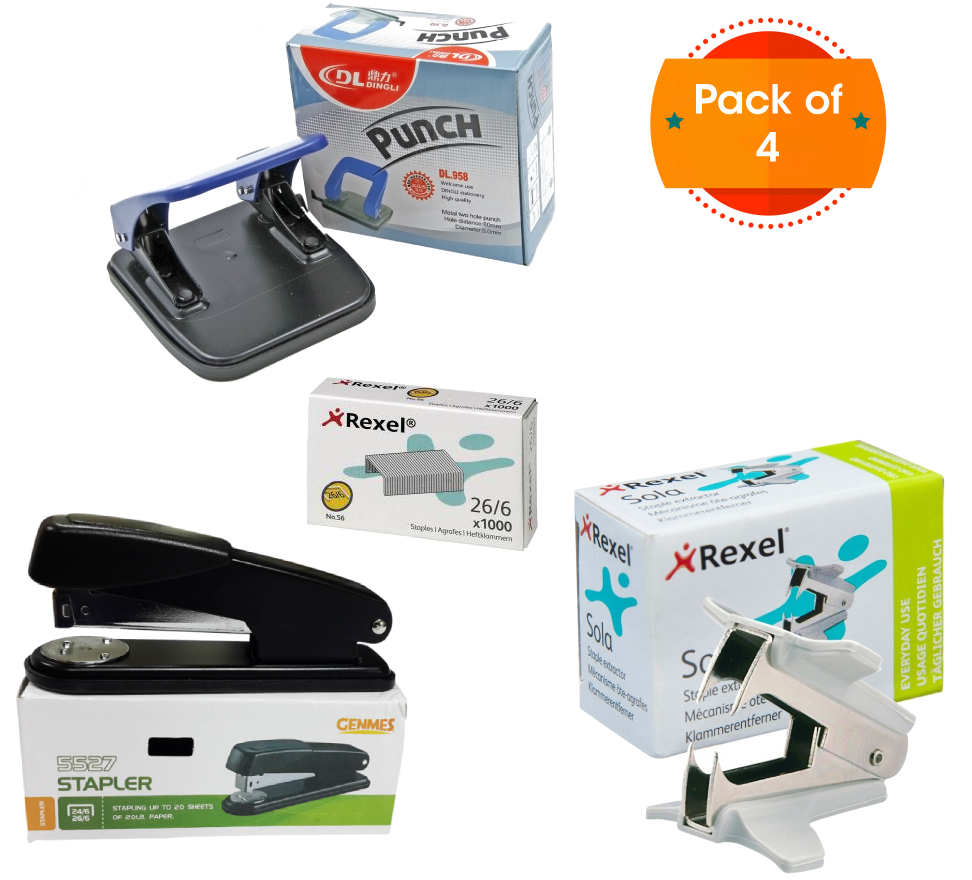 Genmes Stapler + Dingli Punch + Rexel Staple Pins + Rexel Staple Remover(Pack of 4)