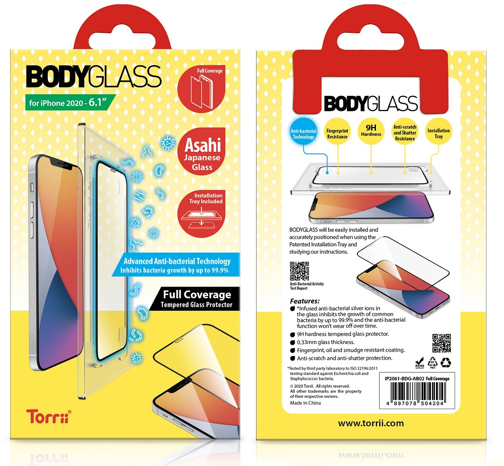 Torrii Bodyglass Anti-bacterial Coating Full Coverage Curved for iPhone 12 & 12 Pro (6.1) - Black