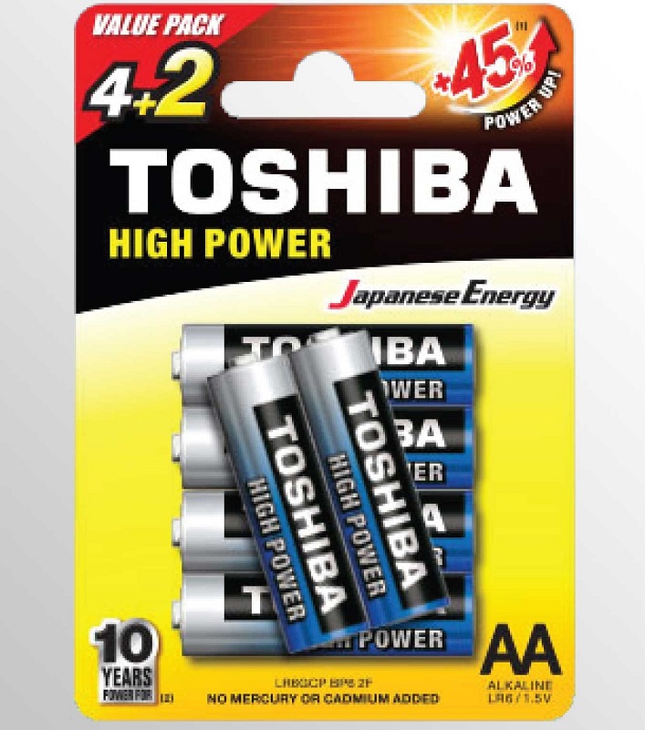 Toshiba Size AA High Power Alkaline Batteries - Value Pack (4+2 pcs), LR6GCP BP6 2FCN