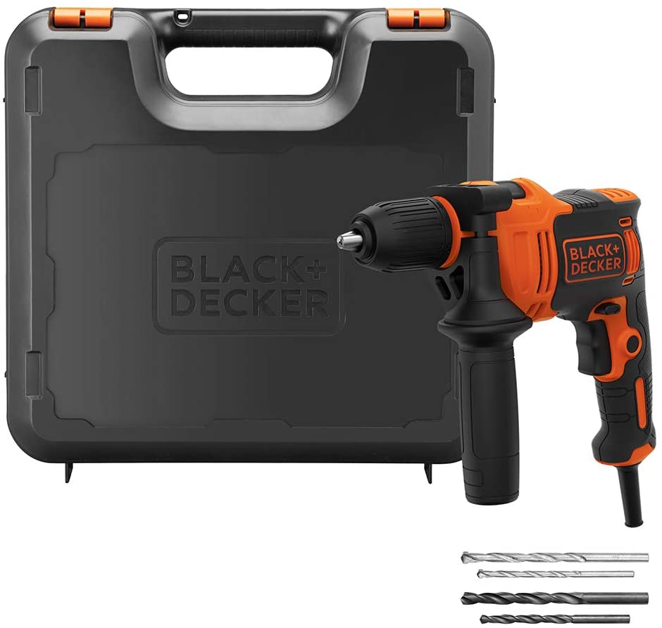Black+Decker 710W 47,600BPM Single Gear Hammer Drill with 4 Drill Bits in Kitbox for Metal & Masonry Drilling, Orange/Black