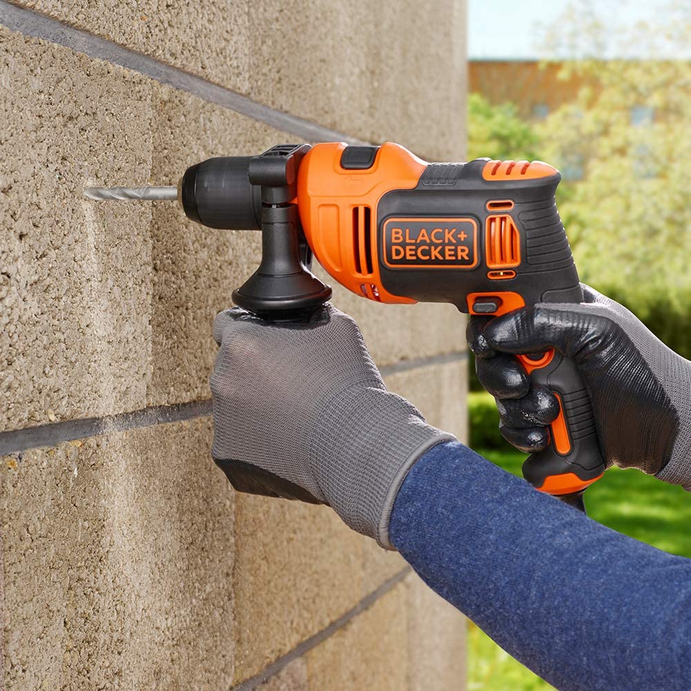 Black+Decker 710W 47,600BPM Single Gear Hammer Drill with 4 Drill Bits in Kitbox for Metal & Masonry Drilling, Orange/Black