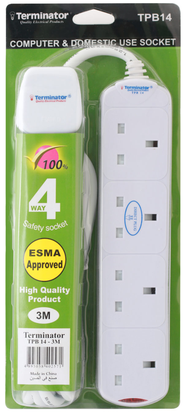 Terminator 4 Way Power Extension Socket 3M Cable 13A - TPB 14-3M