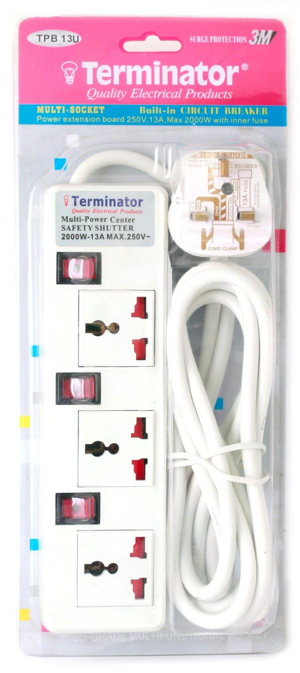 Terminator 3G Universal Socket Power Bar With Individual Switches, Neon, and Shutters - 3m - TPB 13U