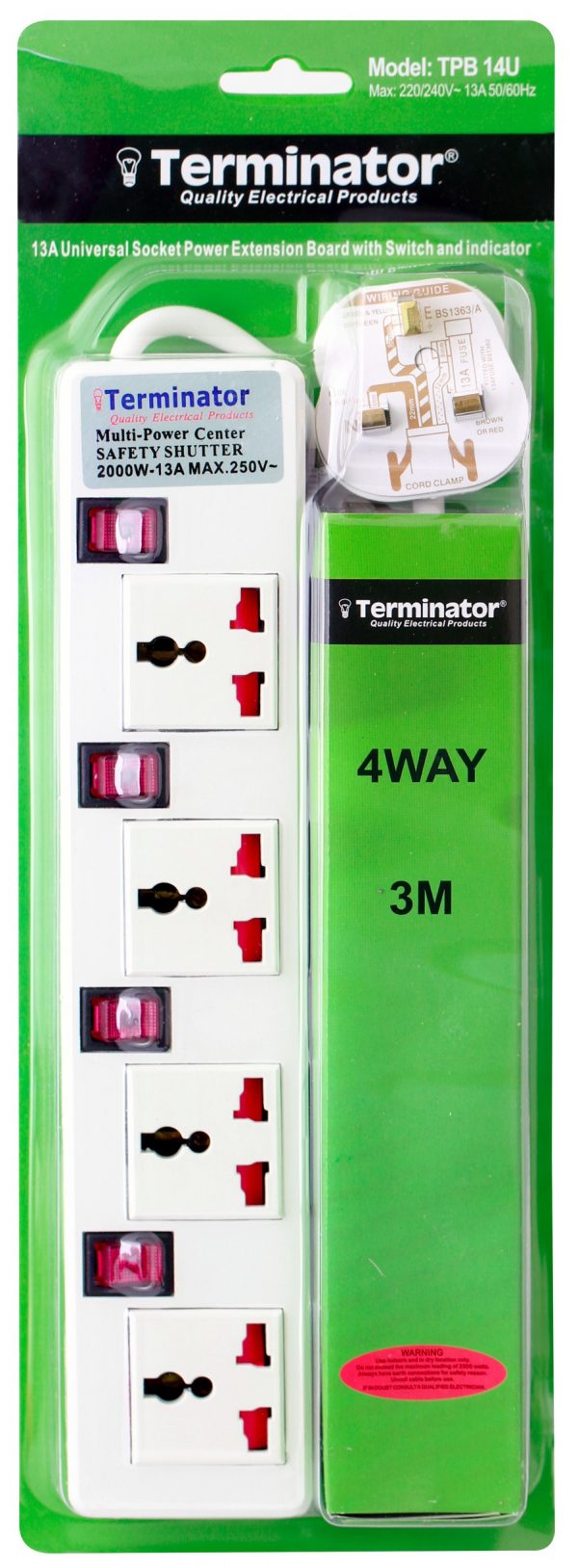 Terminator 4G Universal Socket Power Bar With Individual Switches, Neon, and Shutters - 3m - TPB 14U