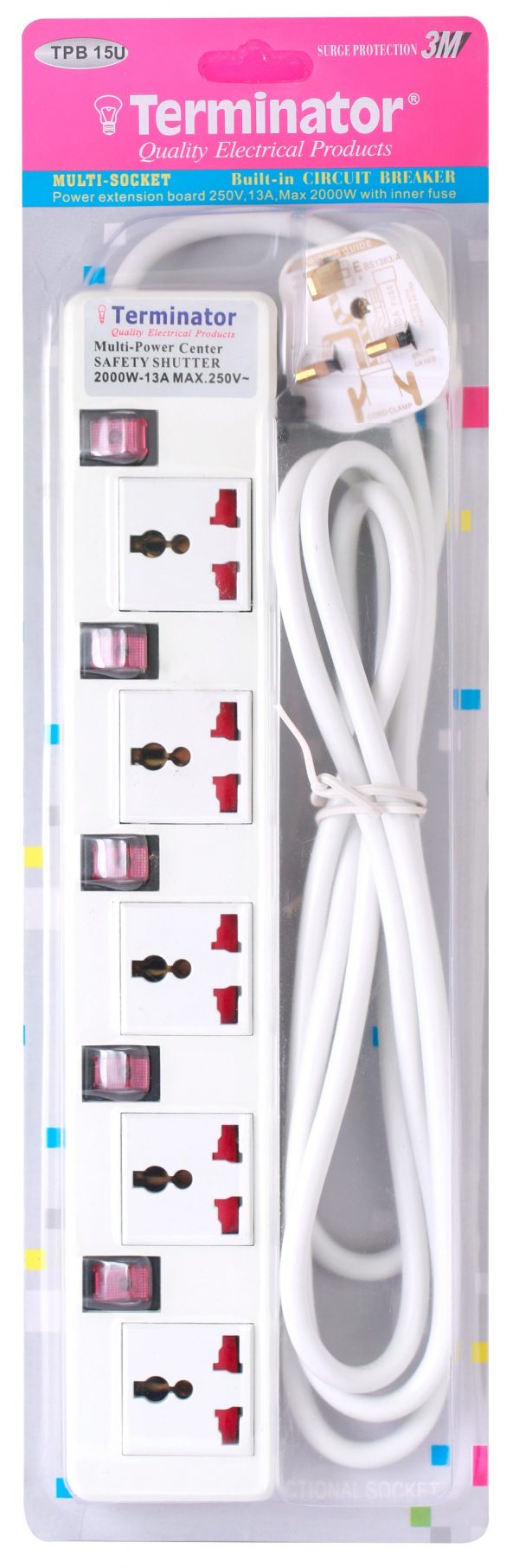 Terminator 5G Universal Socket Power Bar With Individual Switches, Neon, and Shutters - 3m - TPB 15U
