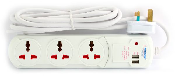 Terminator 13A Plug, 3G Power Extension, Uni-socket, 2 USB Socket Charger - TPB 13U2I-3M