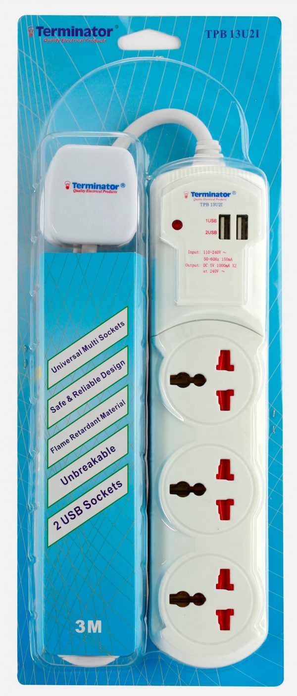 Terminator 13A Plug, 3G Power Extension, Uni-socket, 2 USB Socket Charger - TPB 13U2I-3M