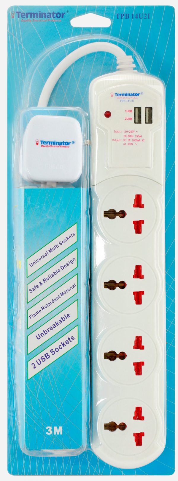 Terminator 13A Plug, 4G Power Extension, Uni-socket, 2 USB Socket Charger - TPB 14U2I-3M