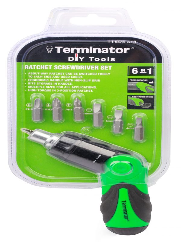 Terminator Screw Driver Set 6 in 1 (+&-) Mixed Heads Detatchable With Rubber Handle