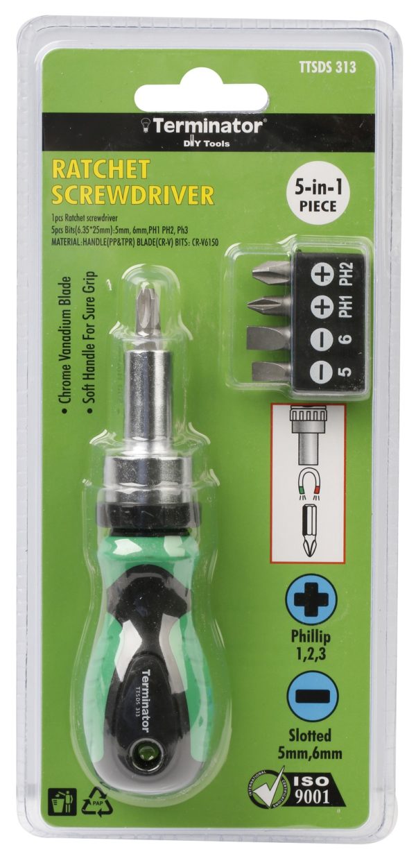 Terminator Screw Driver Set 5 in 1, 1 Pc Ratchet Screwdriver & 5 Pcs Bits