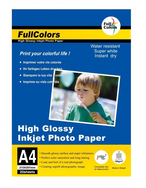 Full Color Glossy Inkjet Photo Paper - Cast Coated Glossy 180GSM, A4, 20 Sheets