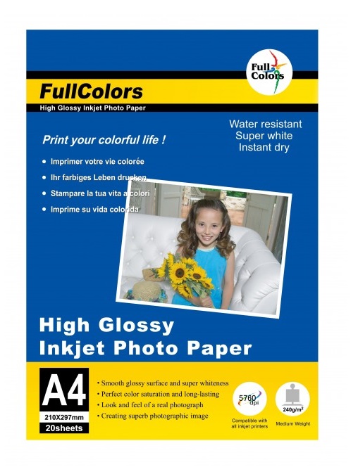 Full Color High Glossy Inkjet Photo Paper - Cast Coated High Glossy 240gGSM, A4, 20 Sheets