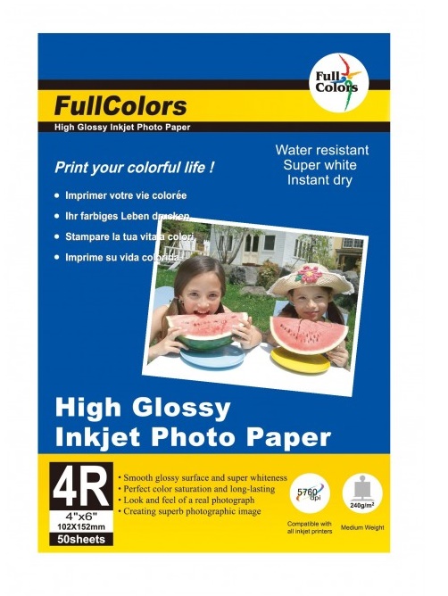 Full Ccolor High Glossy Inkjet Photo Paper - Cast Coated High Glossy 240GSM,4R, 50 Sheets