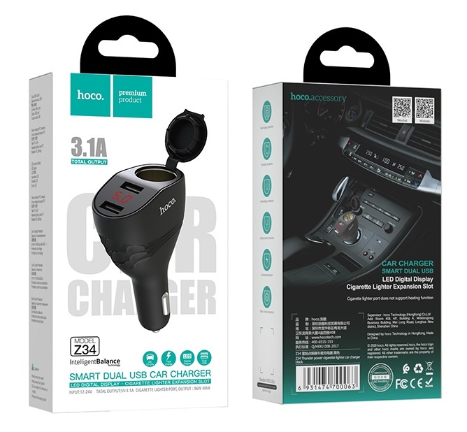 Hoco Z34 Thunder Power Car Charger Dual USB Output 3.1 Amp &ndash; Black