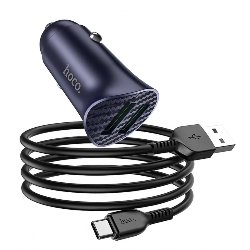 Hoco Z39 QC3.0 Farsighted Dual Port Car Charger With Type C Cable Blue