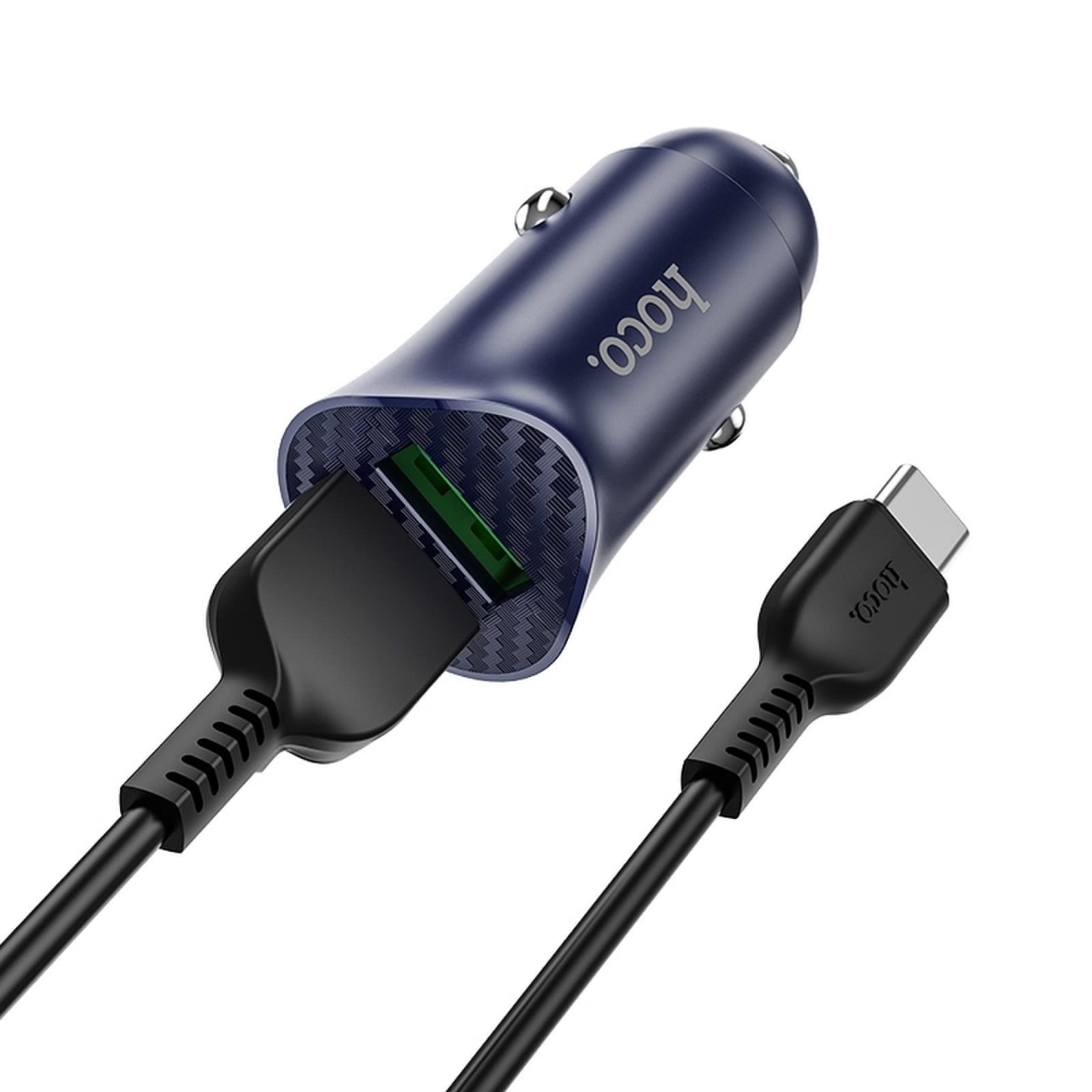 Hoco Z39 QC3.0 Farsighted Dual Port Car Charger With Type C Cable Blue