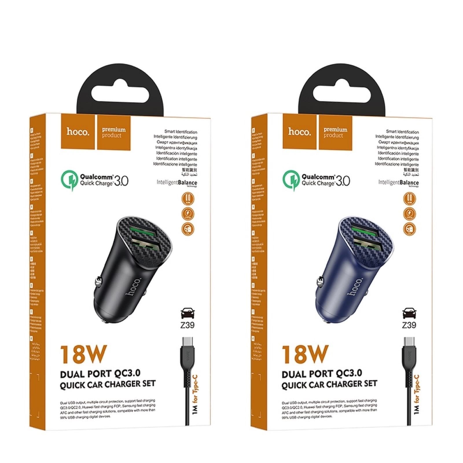Hoco Z39 QC3.0 Farsighted Dual Port Car Charger With Type C Cable Blue