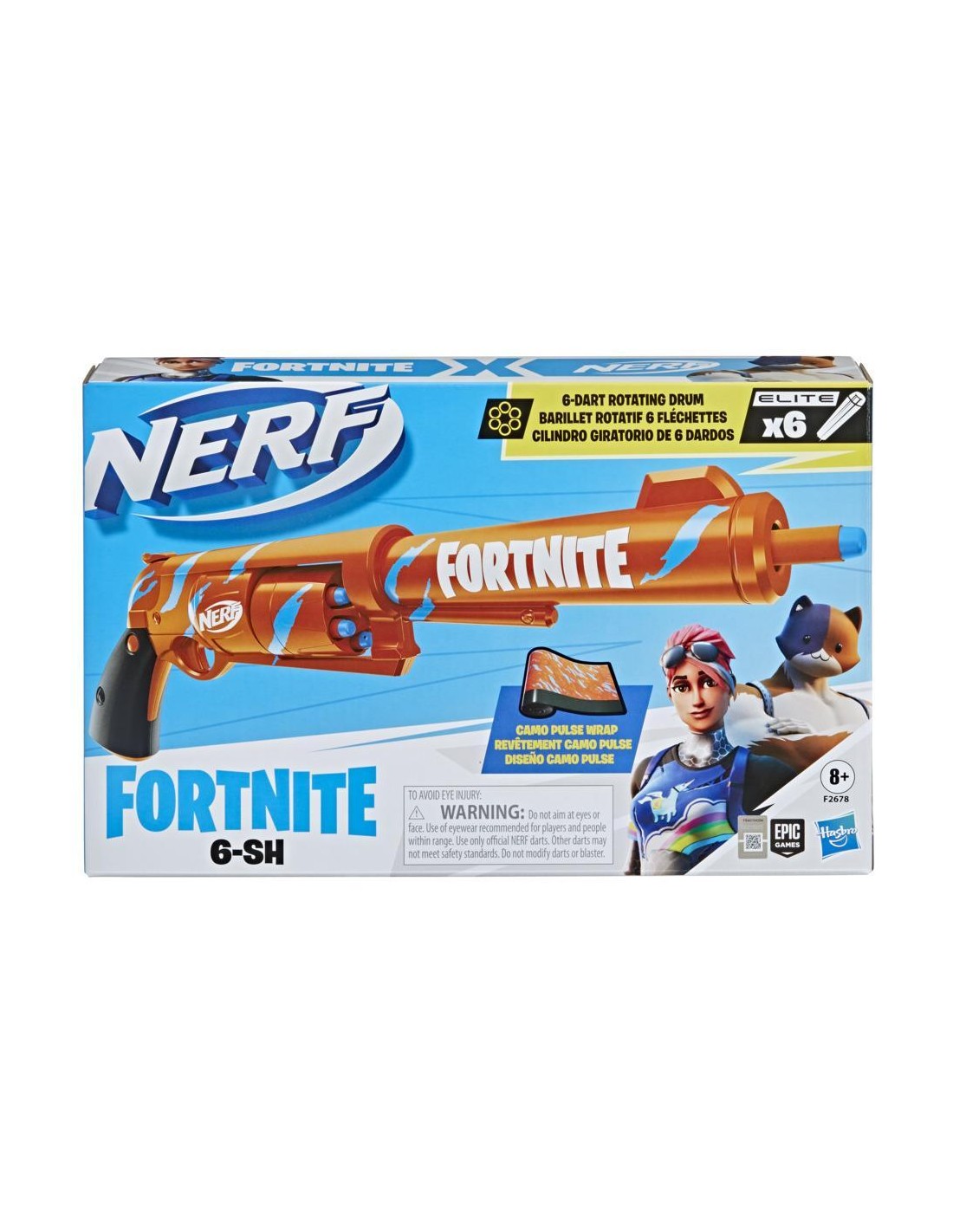 Nerf Fortnite 6-Sh Dart Blaster -- Camo Pulse Wrap, Hammer Action Priming, 6-Dart Drum, 6 Nerf Elite Darts F2678