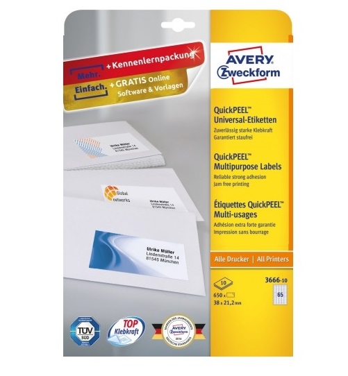 Avery Multipurpose Labels in A4 Sheet W 38mm X H 21.2mm, 65 Labels Per Page - Pack of 10 - White