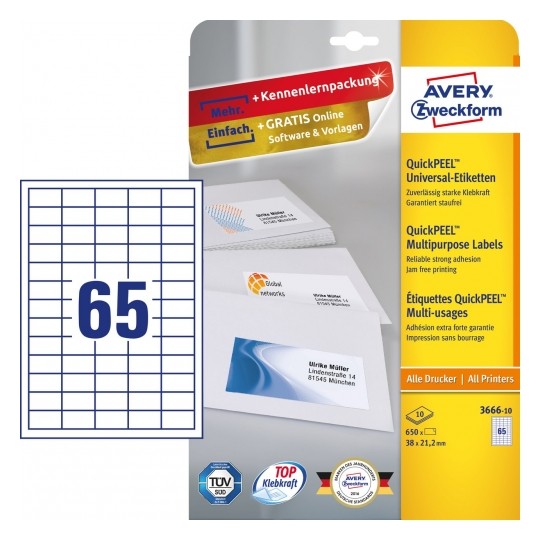 Avery Multipurpose Labels in A4 Sheet W 38mm X H 21.2mm, 65 Labels Per Page - Pack of 10 - White