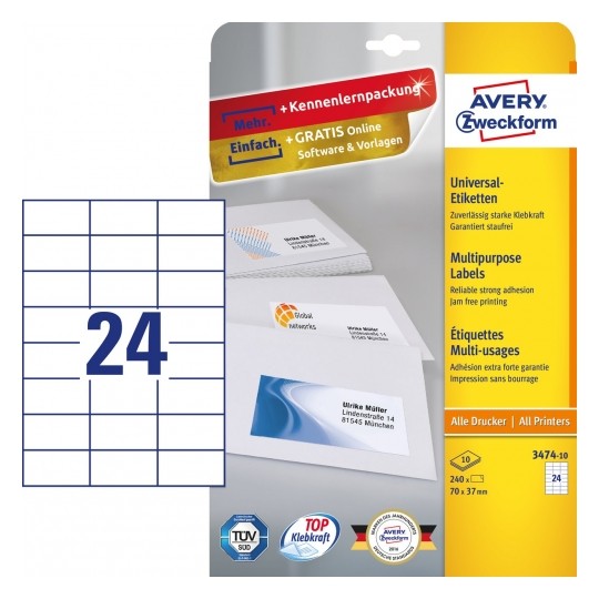 Avery Multipurpose Labels in A4 Sheet, 70mm X H 37mm, 24 Labels Per Page - Pack of 10 - White