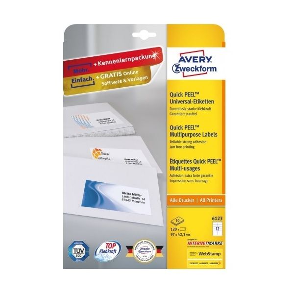 Avery Multipurpose Labels in A4 Sheet With Ultragrip, 12 Labels Per Page - Pack of 10 - White