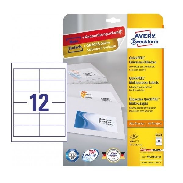 Avery Multipurpose Labels in A4 Sheet With Ultragrip, 12 Labels Per Page - Pack of 10 - White