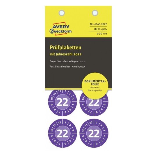 Avery Inspection Plates 2022, 80 Labels Per 10 Pages - Nopeel Inspection Plates - Purple