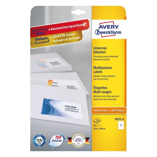 Avery Multipurpose labels in A4 sheet with ultragrip, 210 x 148 mm, 2 Labels Per Page - Pack of 10 - white