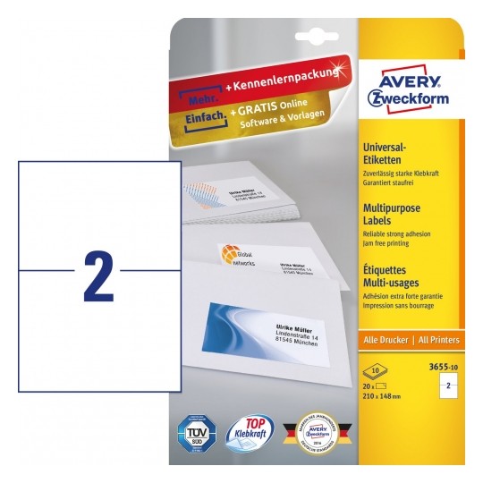 Avery Multipurpose labels in A4 sheet with ultragrip, 210 x 148 mm, 2 Labels Per Page - Pack of 10 - white
