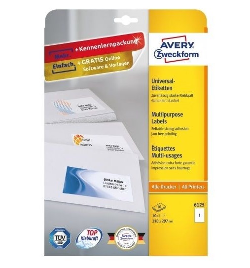 Avery Multipurpose Labels in A4 Sheet with ultragrip, 1 Label Per Page - Pack of 10 - white