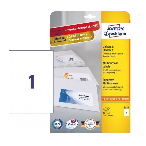Avery Multipurpose Labels in A4 Sheet with ultragrip, 1 Label Per Page - Pack of 10 - white