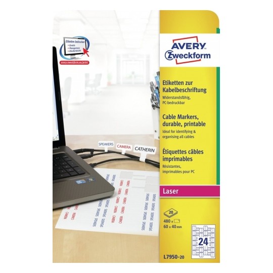 Avery Cable Markers in A4 Sheet, 480 Labels in 20 Pages - L7950-20