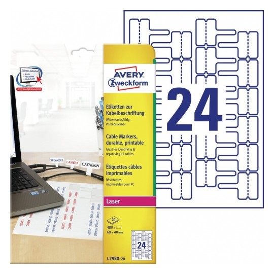 Avery Cable Markers in A4 Sheet, 480 Labels in 20 Pages - L7950-20
