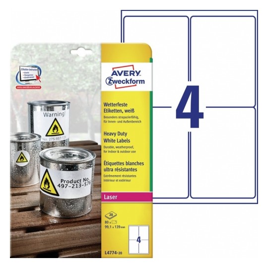 Avery Weatherproof Film Labels, 80 Labels Per 20 Sheets - L4774-20