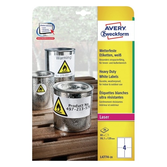 Avery Weatherproof Film Labels, 80 Labels Per 20 Sheets - L4774-20