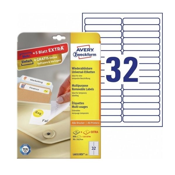 Avery Multipurpose Removable Labels in A4 Sheet, W 96mm X H 16.9mm, 800+160 Extra Labels Per 30 Page- White