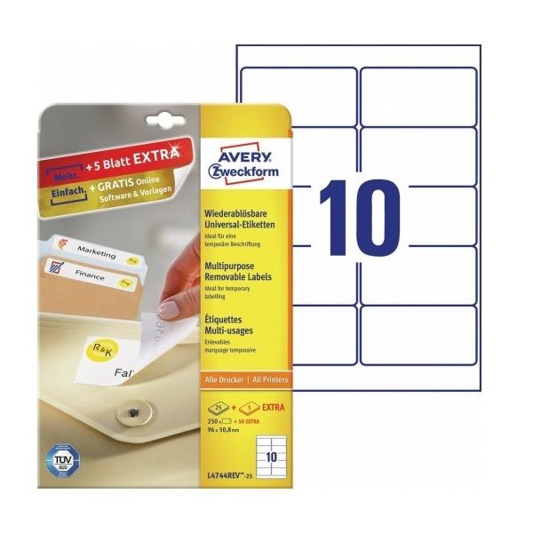 Avery Multipurpose Removable Labels in A4 Sheet, W 96mm X H 50.8mm, 250+50 Extra Labels Per 30 Sheets- White