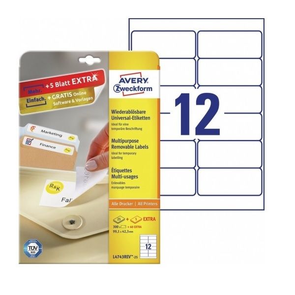 Avery Multipurpose Removable Labels in A4 Sheet, W 99.1mm X H 42.3mm, 300+60 Extra Labels Per 30 Sheets- White
