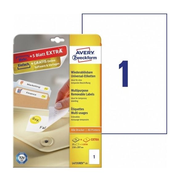 Avery Multipurpose Removable Labels in A4 Sheet, W 210mm X H 297mm, 25+5 Extra Labels Per 30 Sheets- White