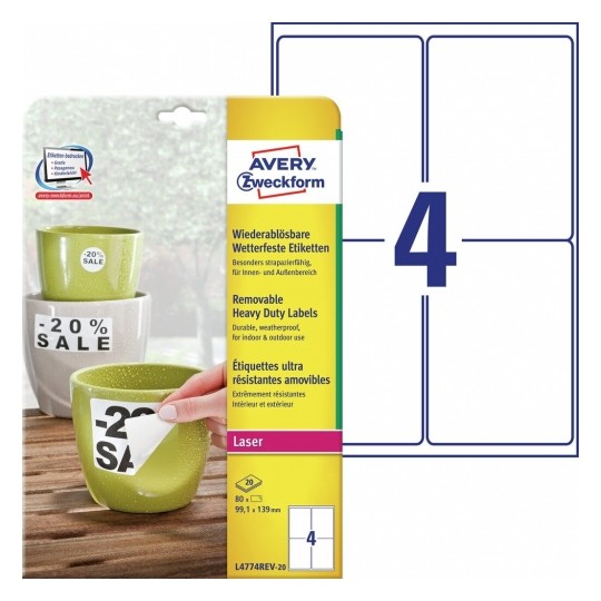 Avery Weatherproof Film Labels, 80 Labels Per 20 Pages - L4774REV-20