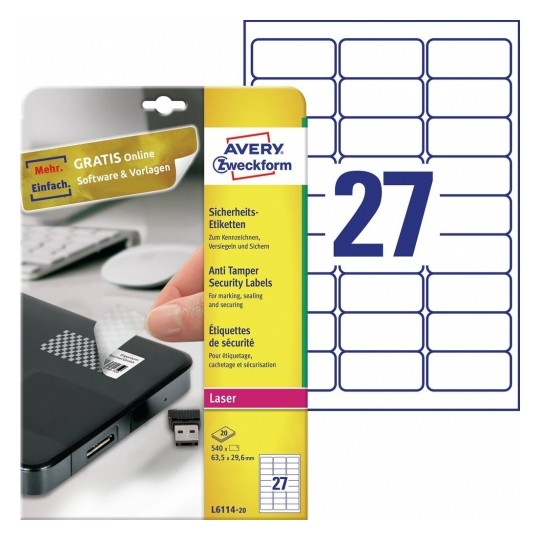 Avery Tamper Proof Labels, 540 Labels Per 20 Pages - L6114-20