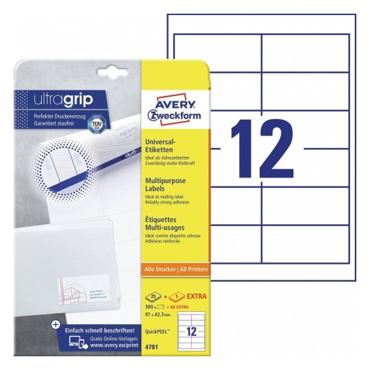 Avery Multipurpose Labels in A4 Sheet With Ultragrip,97 X 42.3 Mm, 300 + 90 Extra Labels Per 30 Pages - White
